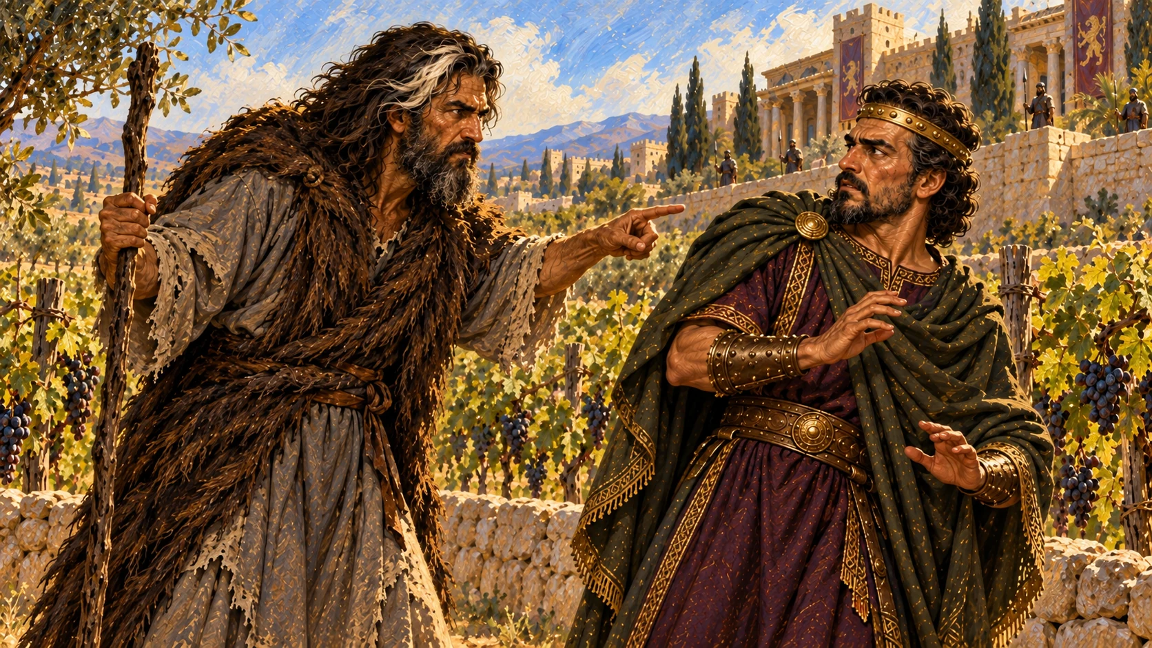 Elijah meets Ahab in Naboth’s vineyard and denounces murder and seizure.