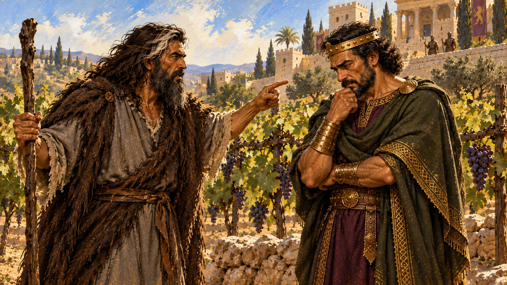 Elijah speaks a future judgment; do not stage future deaths or literalize graphic imagery.