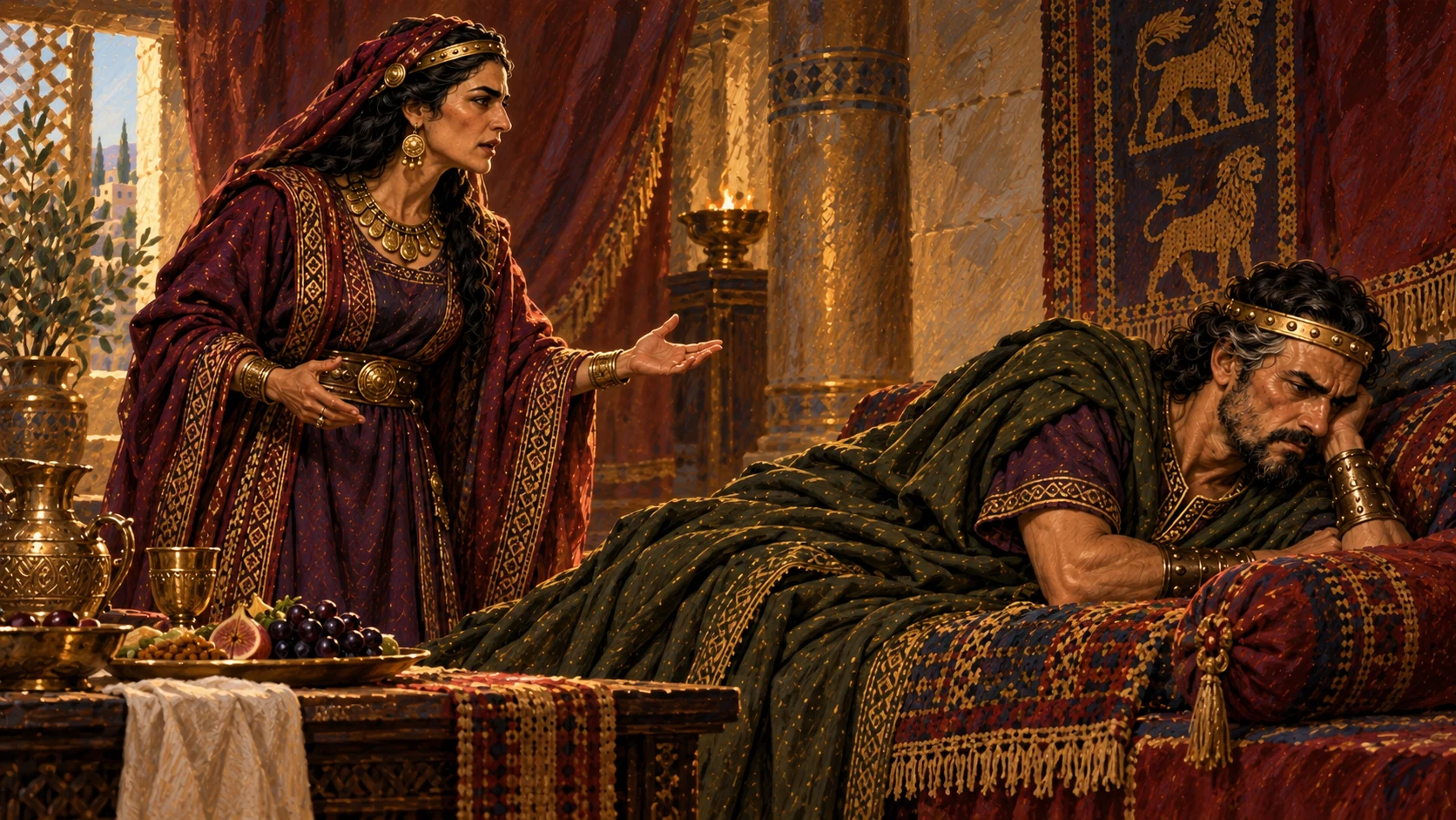 Jezebel finds Ahab refusing food and promises to get the vineyard.