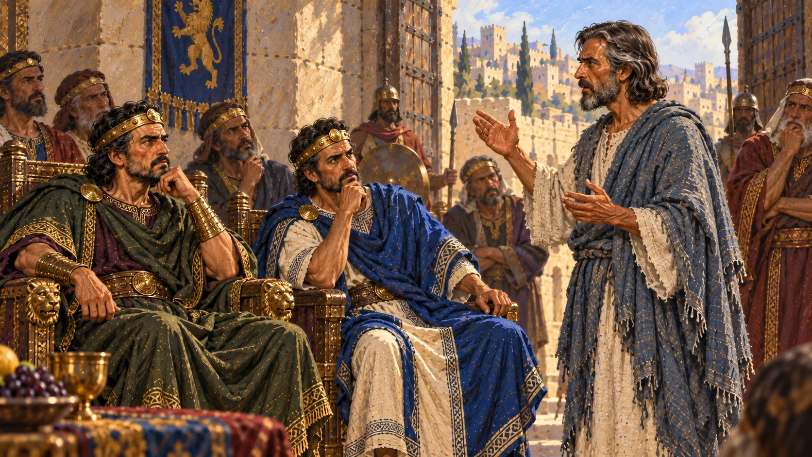 Micaiah reports his vision to the kings; do not depict Yahweh or personify a lying spirit.