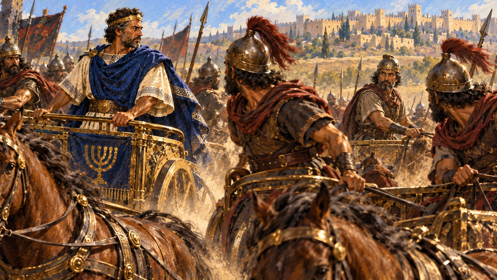 Ahab disguises himself while Jehoshaphat wears royal robes; chariot commanders mistake Jehoshaphat for Ahab.