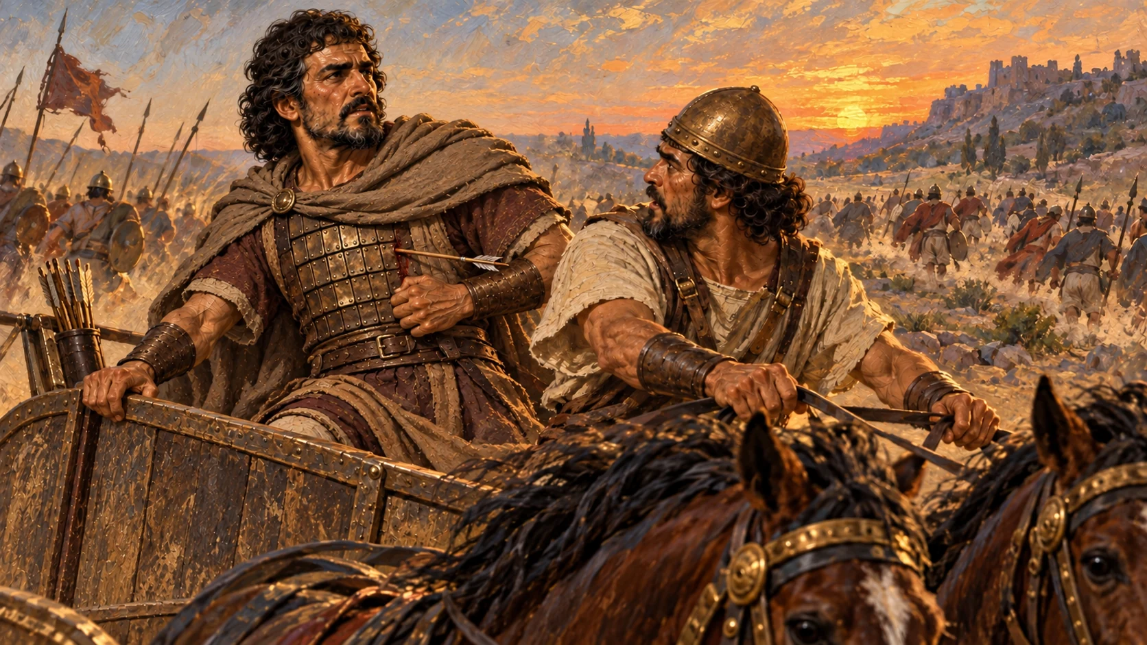 A stray arrow wounds Ahab through his armor; the battle ends at sunset. Keep blood restrained.
