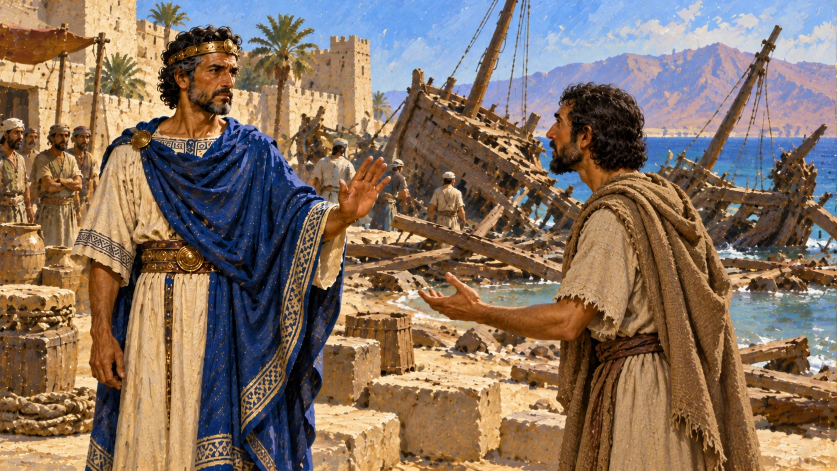 Jehoshaphat’s ships lie wrecked at Ezion-geber and he declines Ahaziah’s proposed partnership.