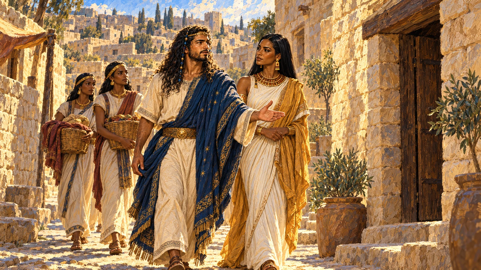 Solomon escorts Pharaoh’s adult daughter into the city of David. Ancient Egyptian linen and restrained jewelry; no completed Temple in the background.