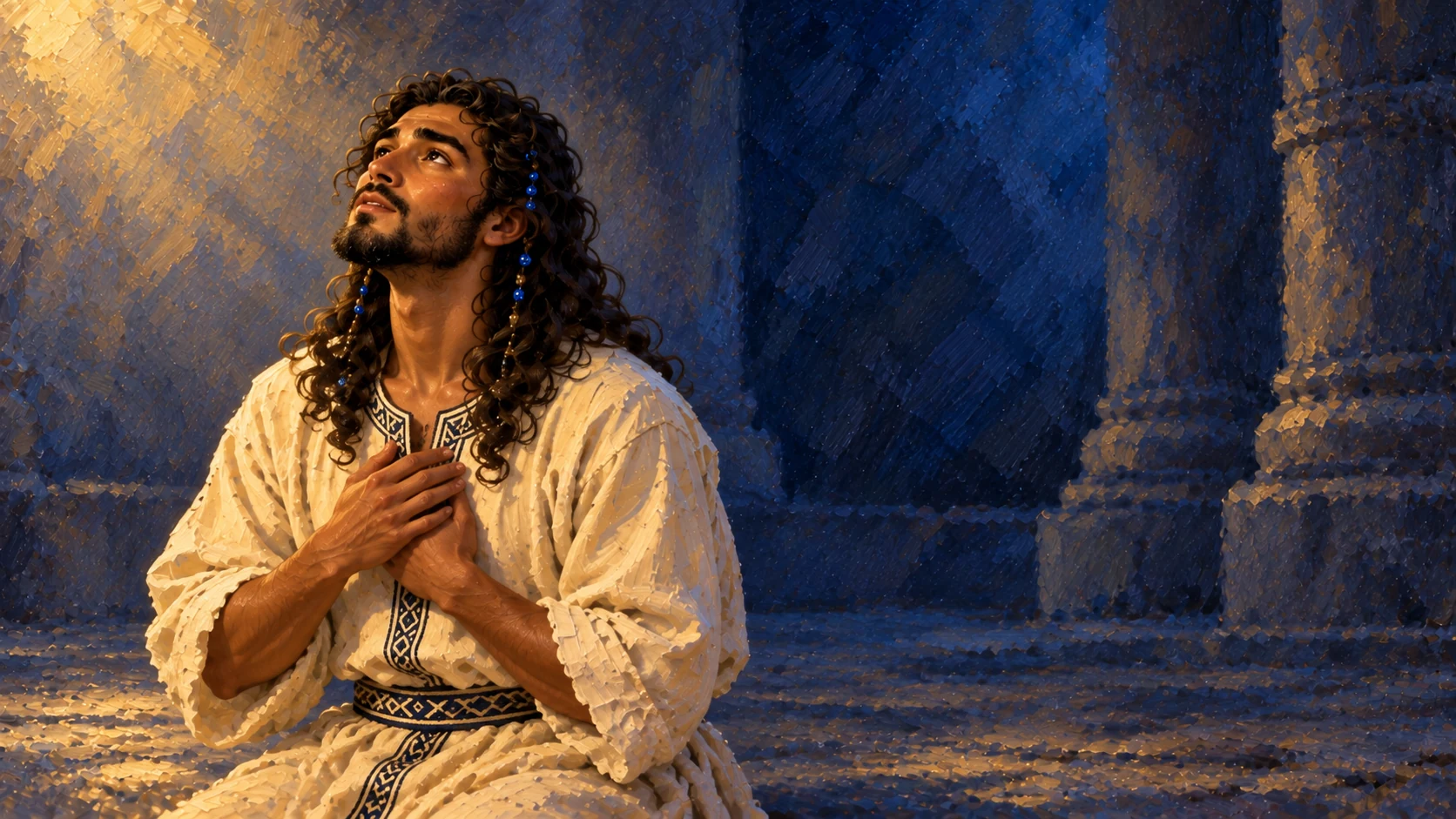Solomon listens in reverent stillness within the dream, softly illuminated, no visible deity or magical object.
