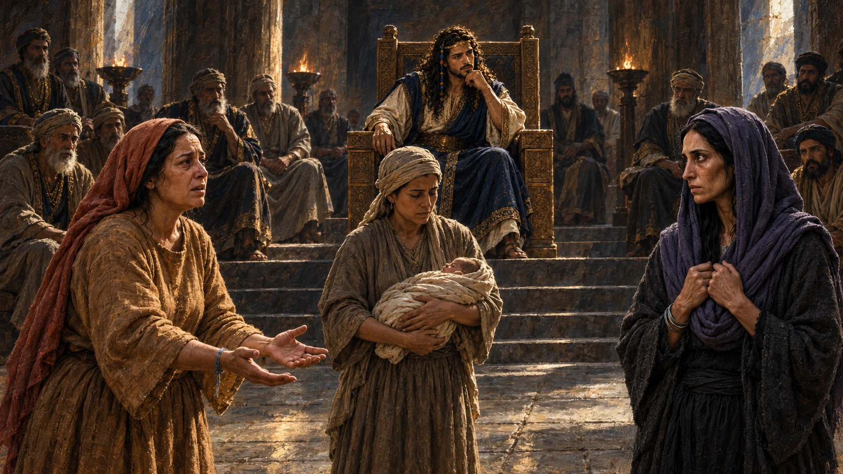 Two fully clothed adult mothers stand before Solomon to present their case; use the established true and rival mother references.