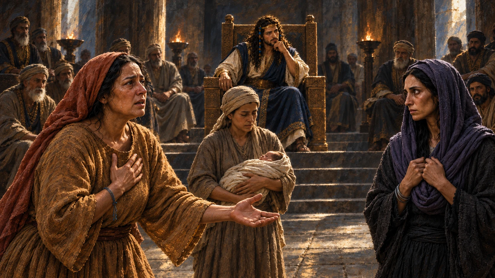 The first mother recounts the nighttime events to Solomon. Stay in the court with faces and gesture; no invented omniscient flashback and no exposed dead infant.