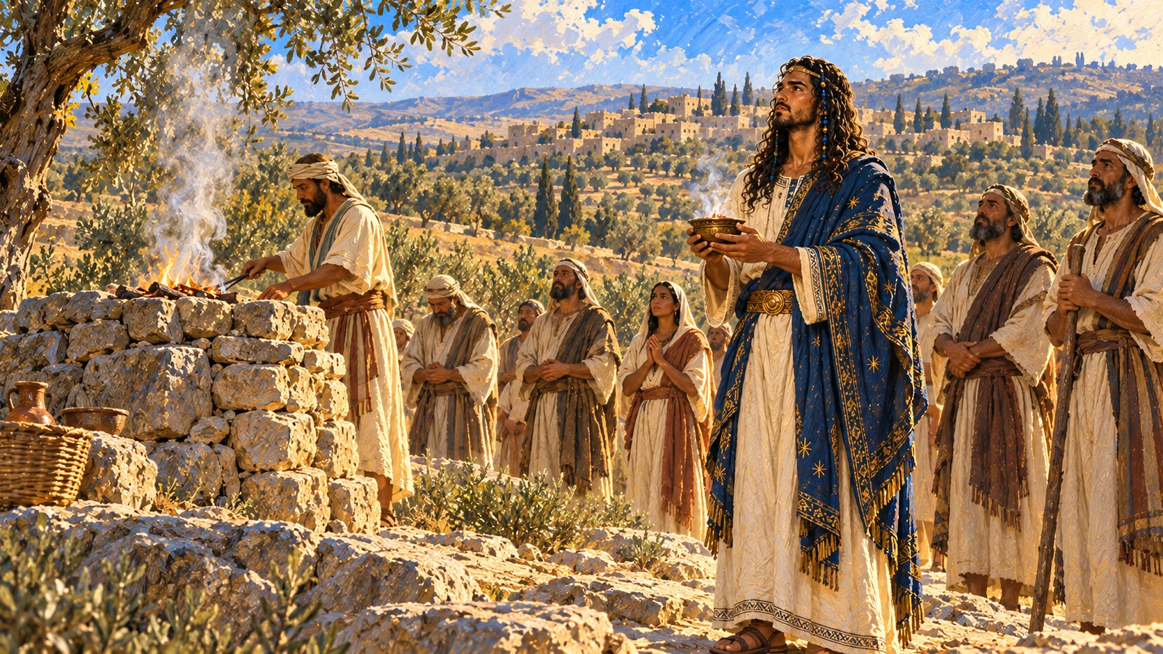 Israelites offer sacrifices at an outdoor high place; the Temple has not been built. Treat the source’s mixed assessment without inventing idolatrous statues.