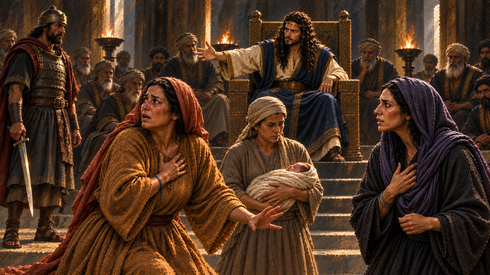 An adult attendant brings a sword before Solomon; the living infant remains safely held apart from the blade. Depict the spoken test, never an actual injury to the baby.