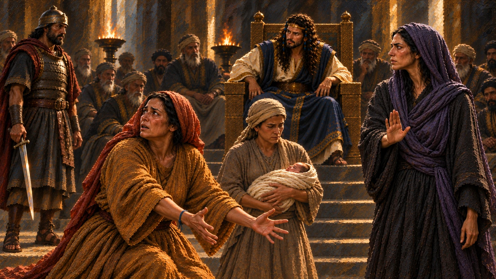The true mother urgently begs for the living child to be spared, reaching toward the king with empty hands while the rival stands apart. Infant is safe and fully wrapped.