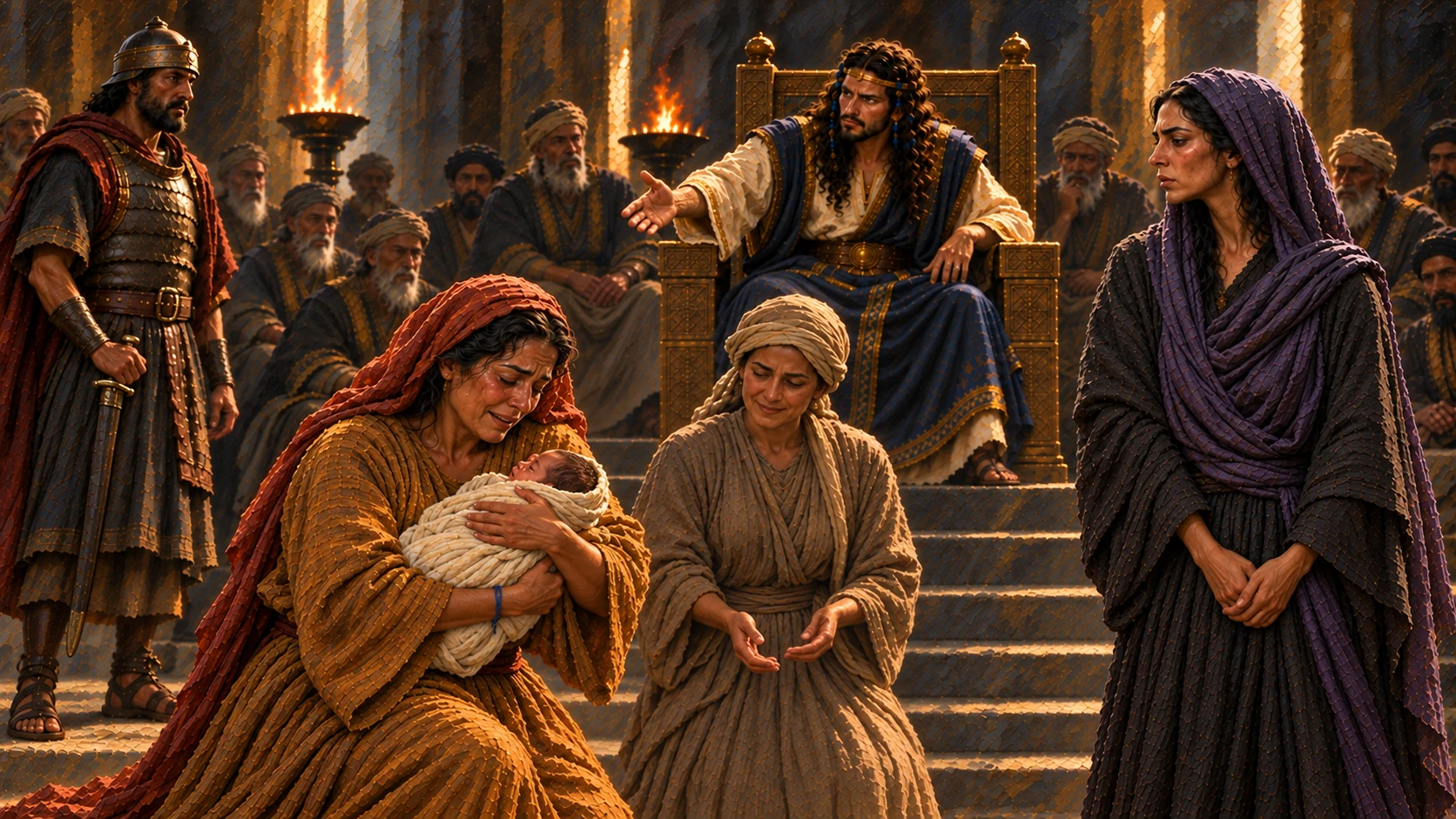 Solomon directs that the living baby be given to the true mother; she receives the infant safely and with relief. No blade near the baby.