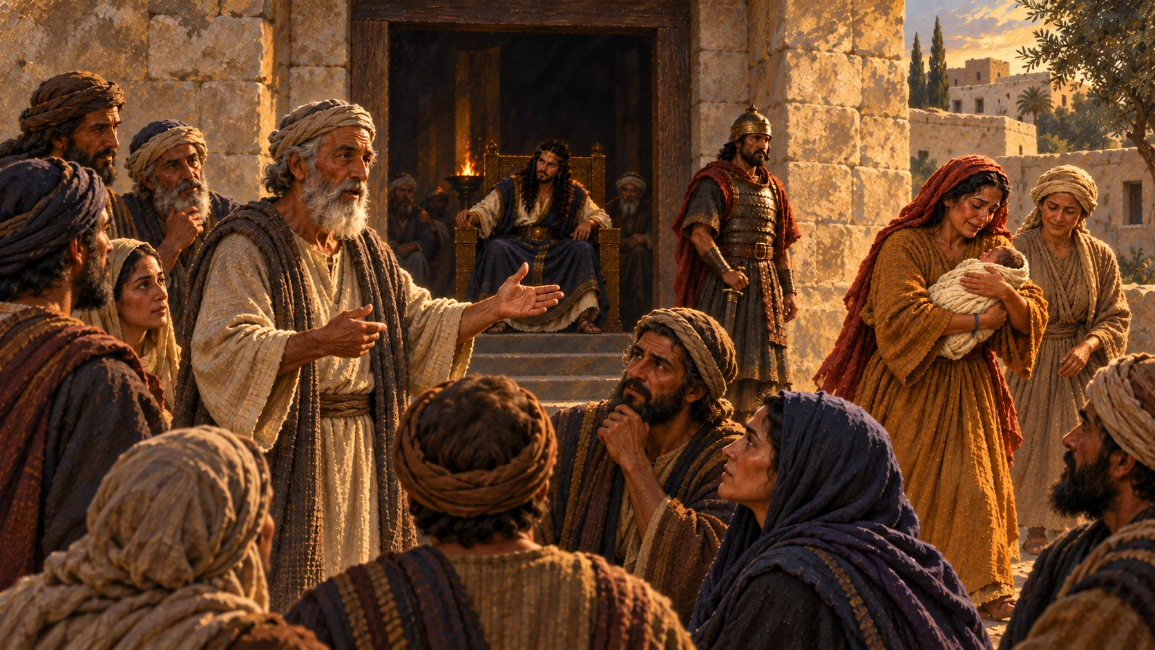 People in the court react with solemn respect to Solomon’s judgment. The true mother holds her living infant; no supernatural aura is required.