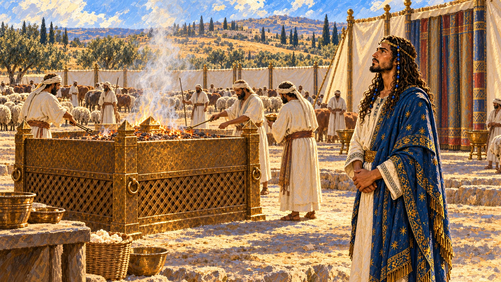 Solomon stands reverently at Gibeon’s large altar, priests tending offerings with waiting livestock in the distance. No claim that a thousand animals are individually visible.