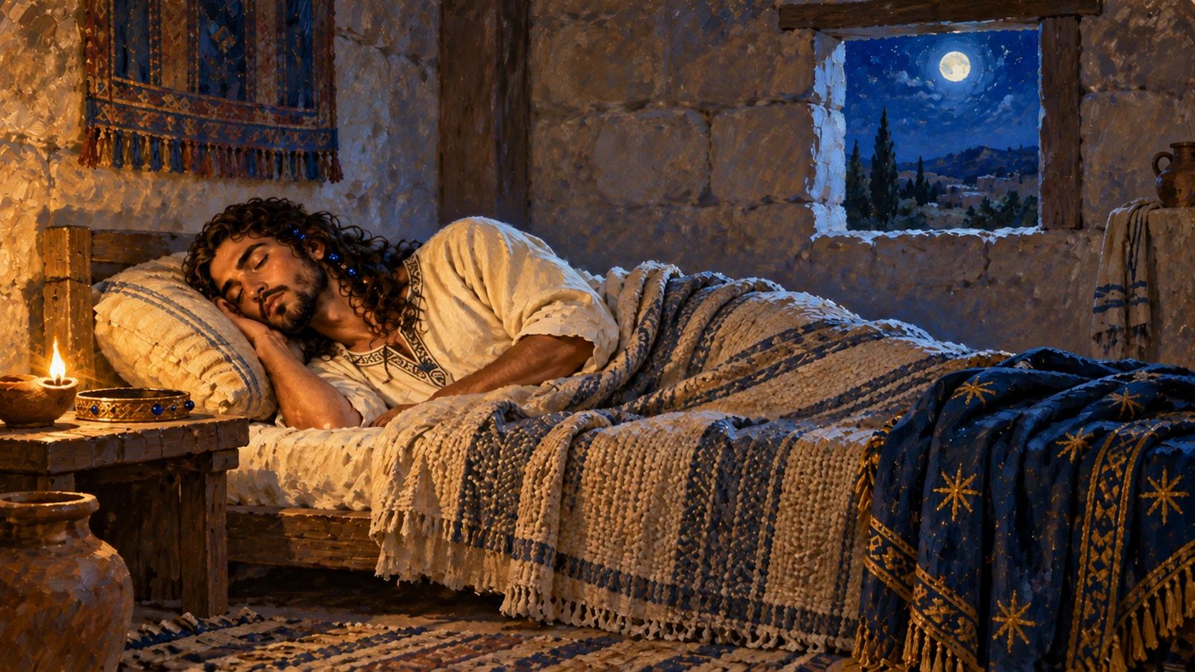 Solomon in a clearly interpretive dream scene listens in wonder to light without a visible divine body. Preserve young approved identity.