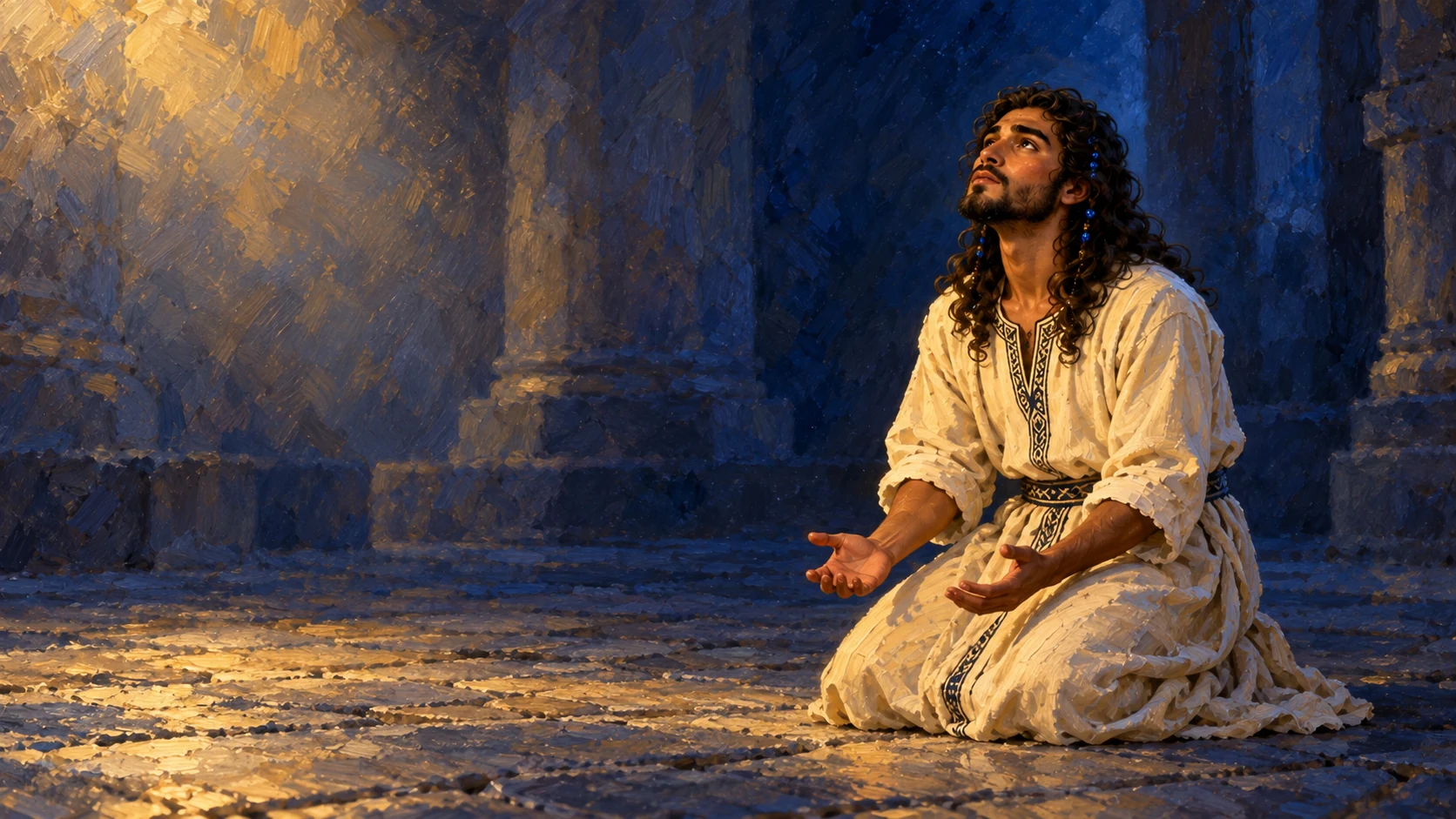 Young adult Solomon in the dream opens his hands humbly in prayer for discernment. Do not portray a literal child despite the humility language.