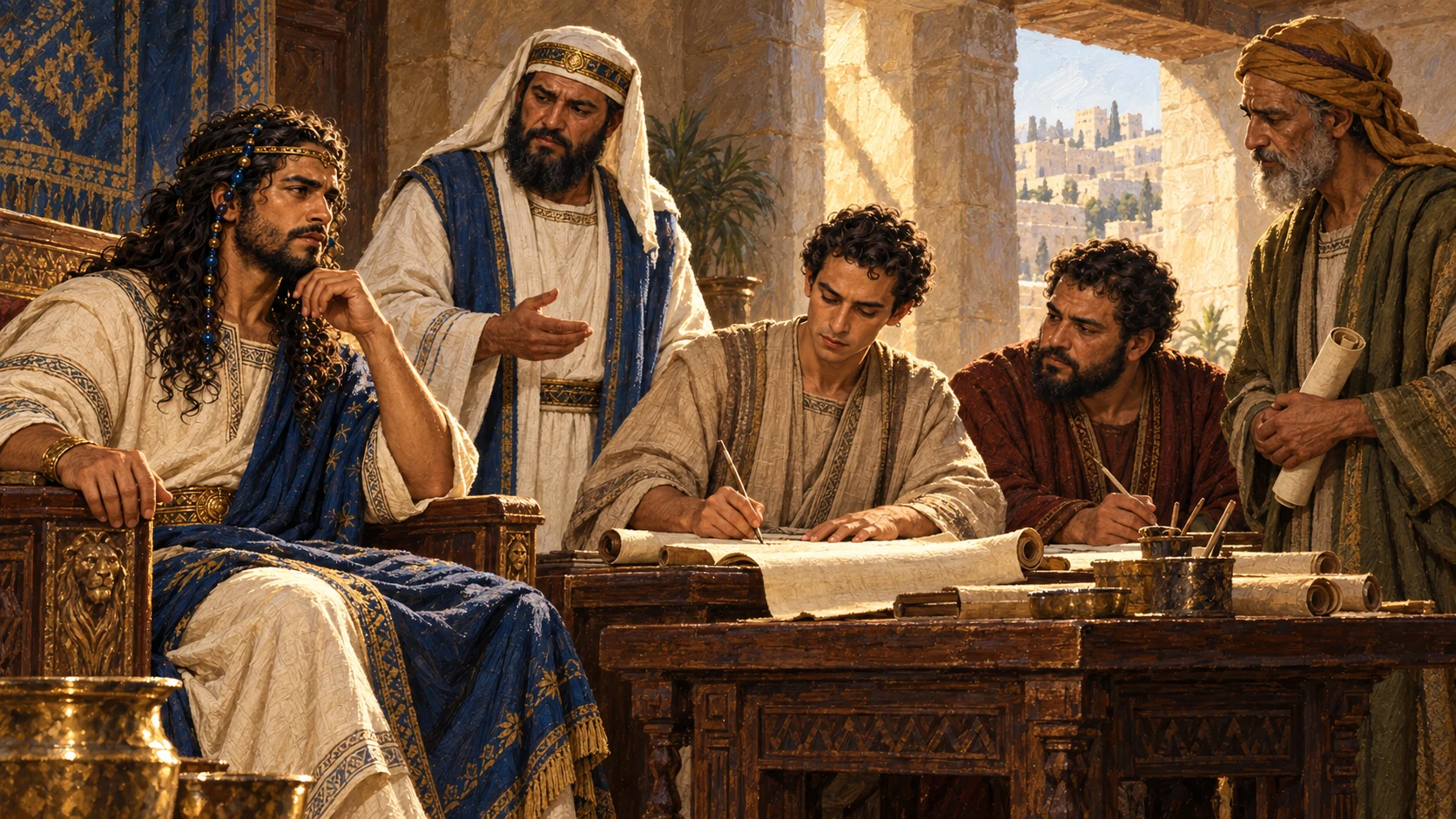 Solomon presides over his administration; secretaries and a recorder work nearby with blank-looking scroll surfaces, no generated text.