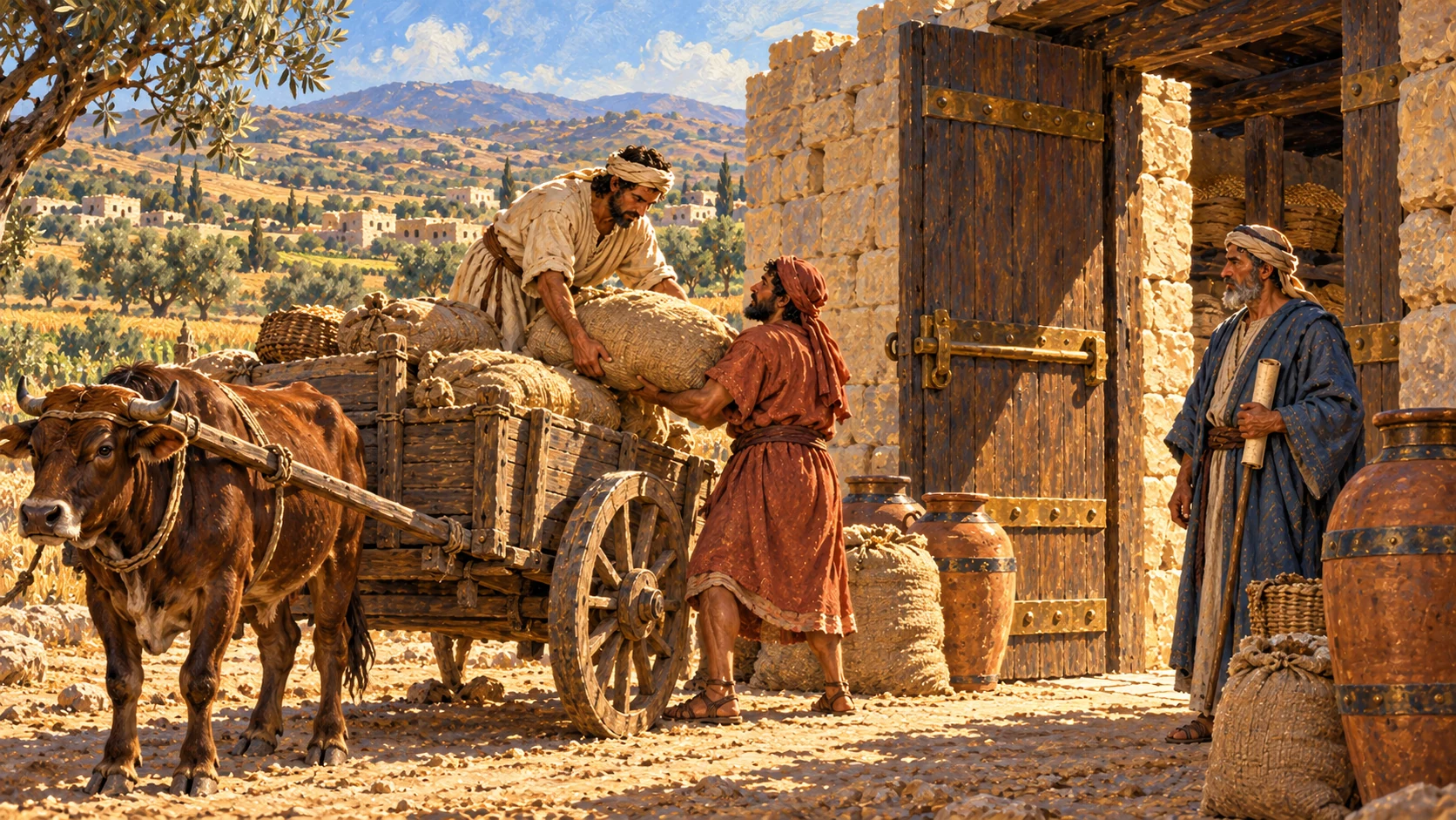 Provisioning carts gather at a fortified district storehouse. Representative administrative illustration; exact names and places remain in the Scripture below.