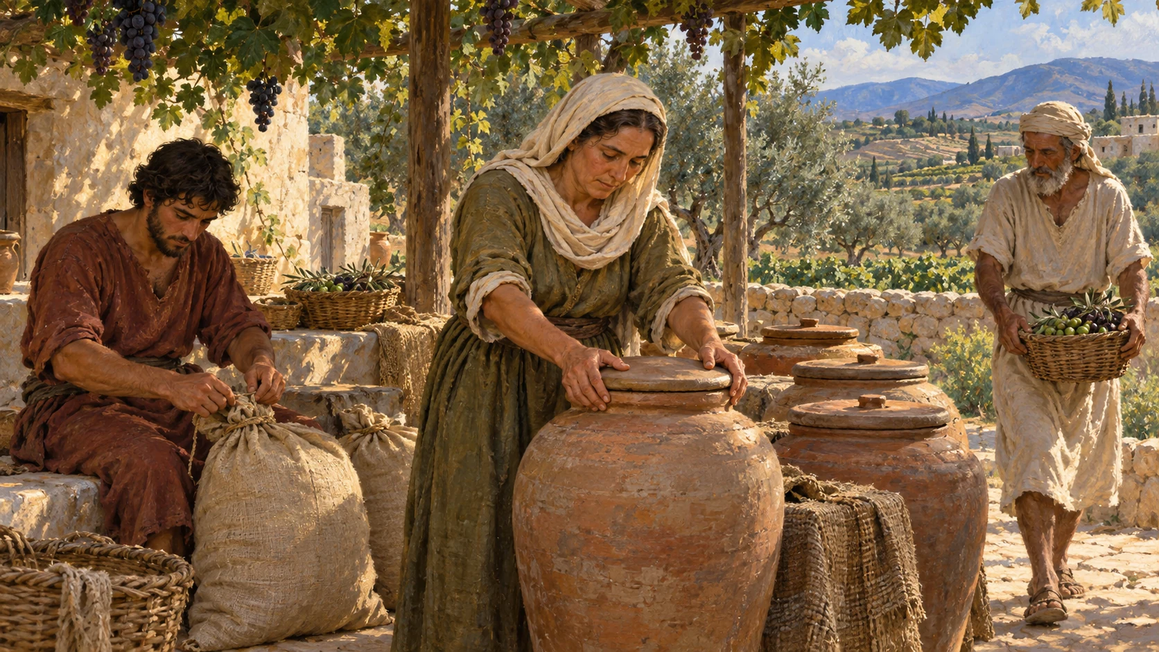A northern Israelite agricultural settlement prepares provisions; focus on storage jars and sacks rather than inventing biographical events for named deputies.