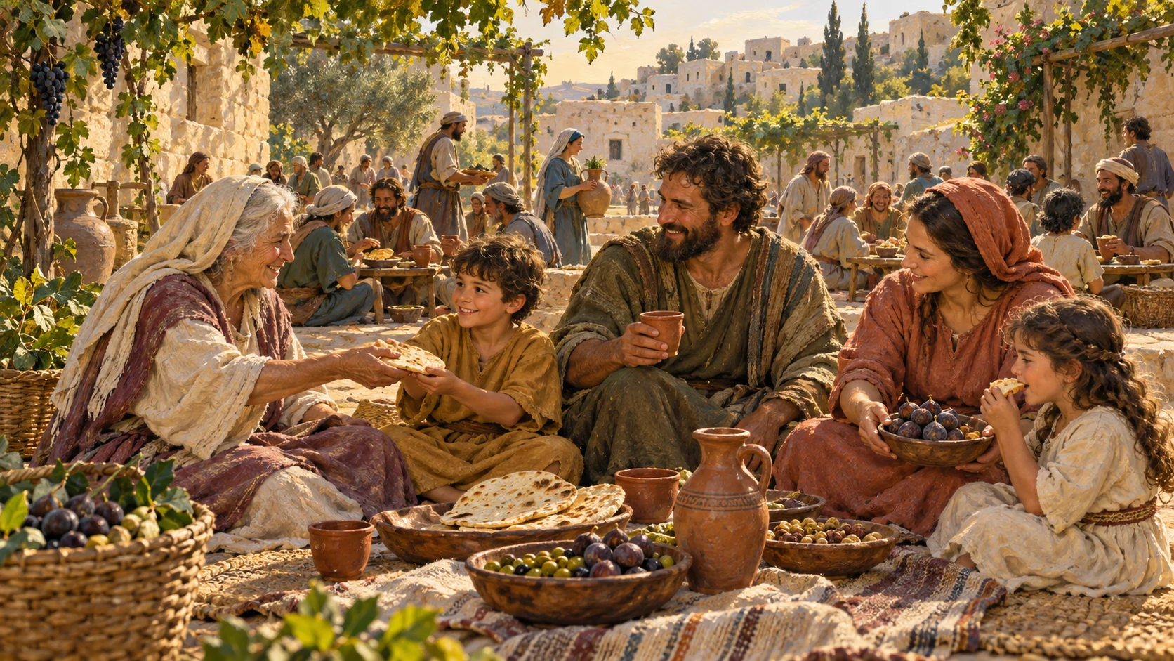 Families share food in a flourishing settlement, a joyful representative view of prosperity with natural human figures.