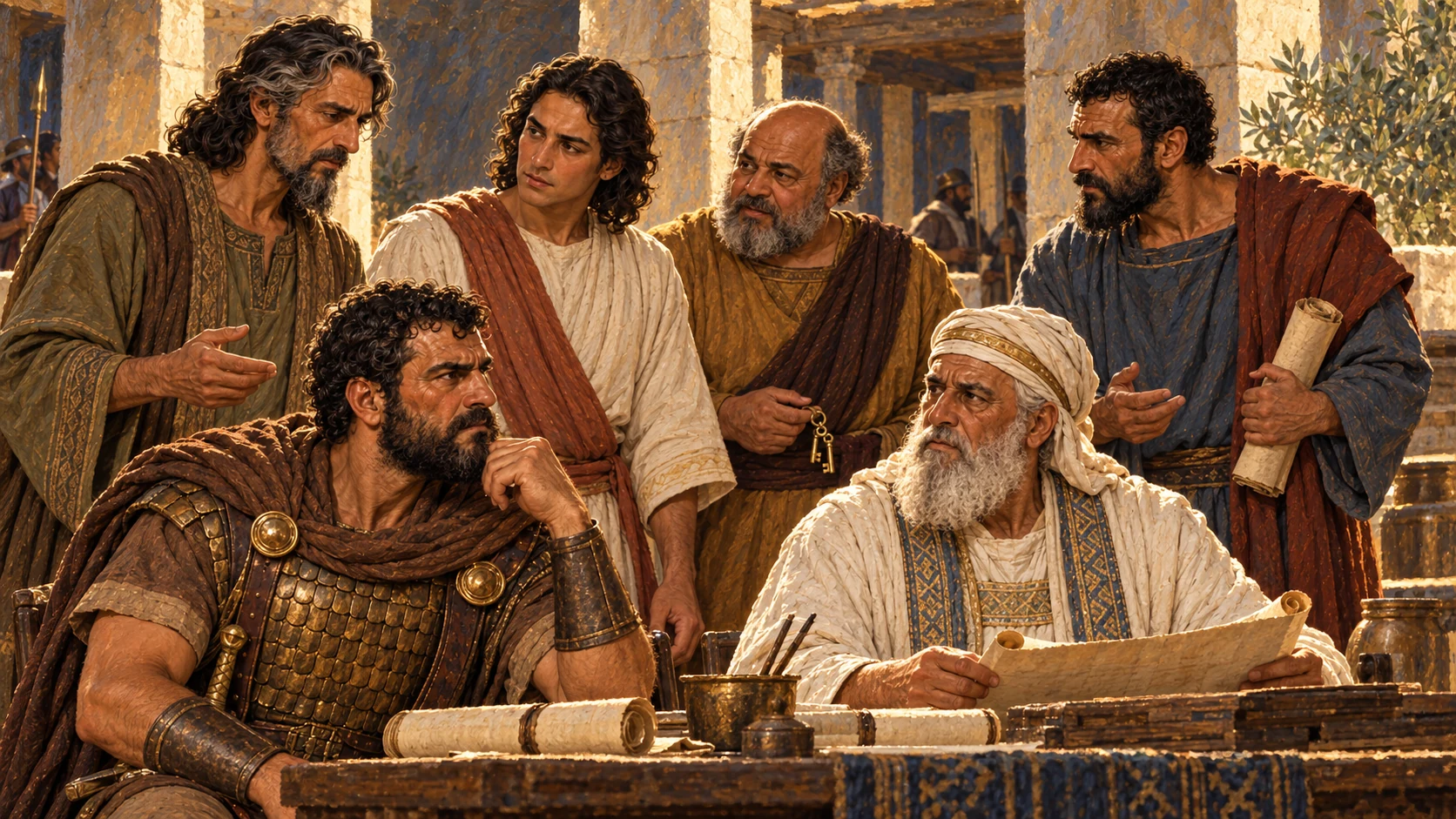 A representative gathering of military, priestly and household officers. Benaiah and Zadok retain established designs. The source lists Abiathar despite the earlier dismissal; treat this as an administrative roster, not a scene inventing his reinstatement.