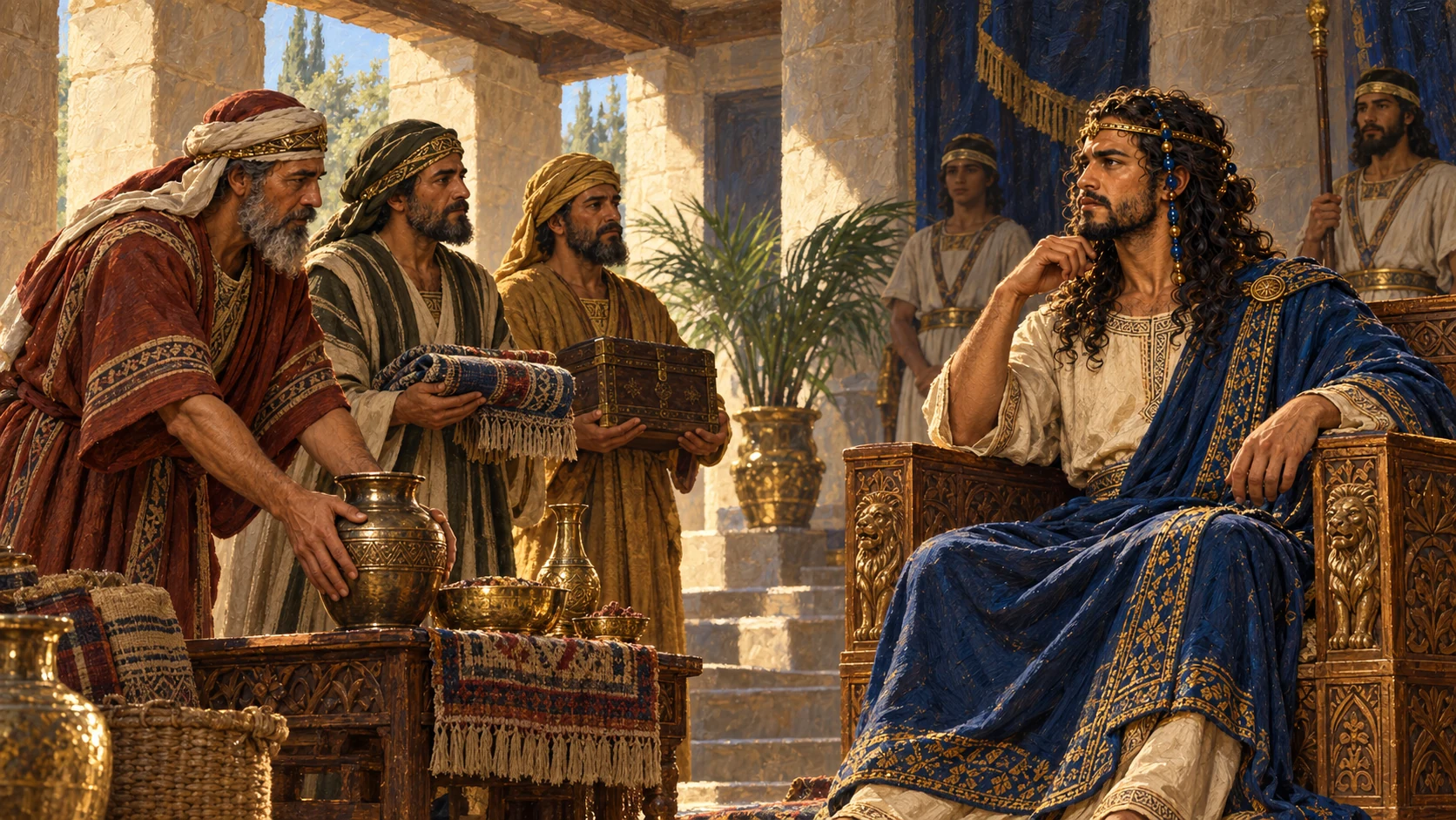 Delegations bring tribute before Solomon; restrained historical court scene.