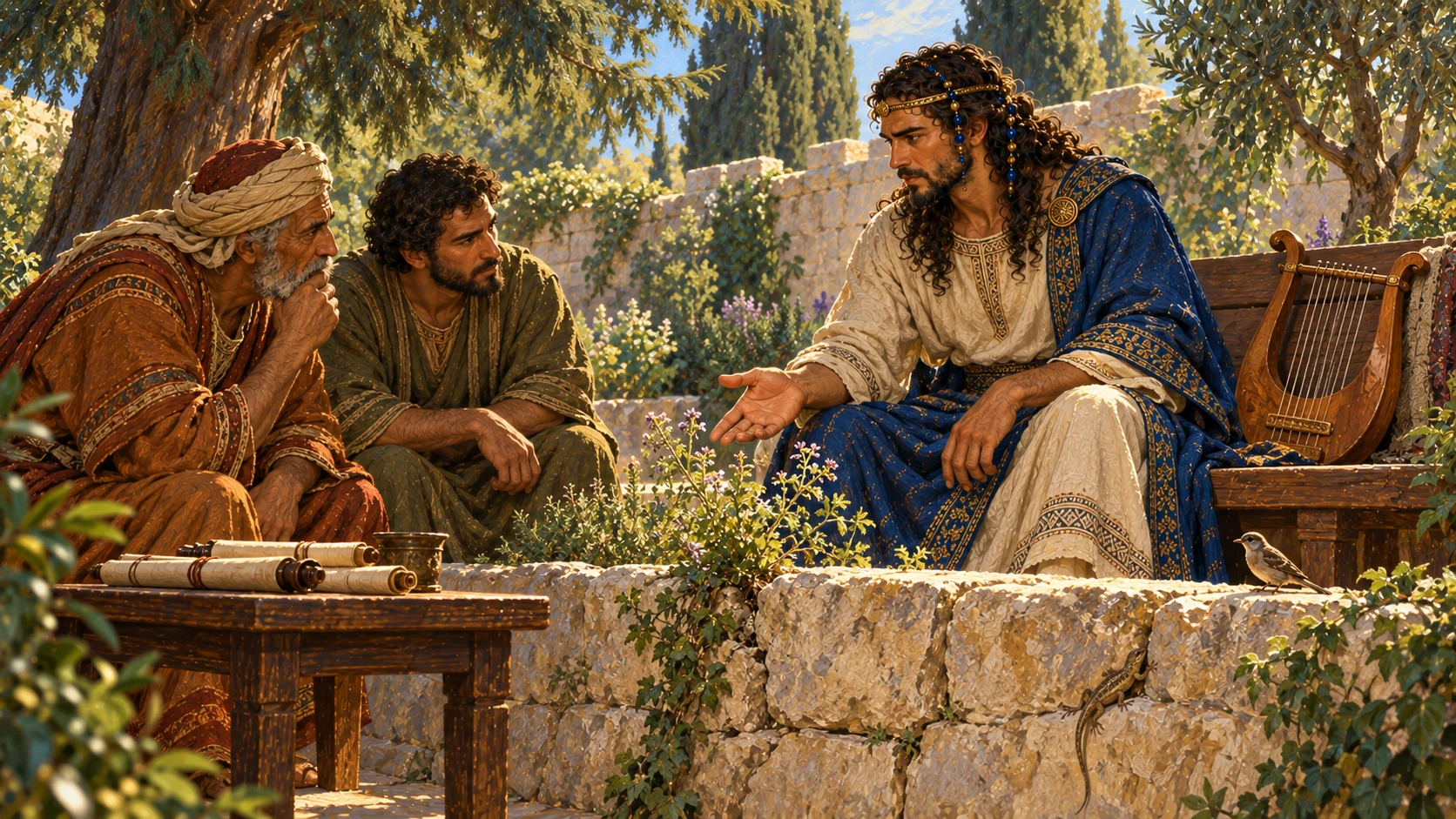 Solomon teaches in a garden with cedar, small wall plants and birds; a scribe listens. A representative visual for the breadth of his knowledge.