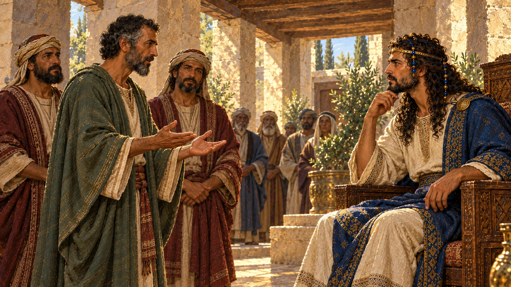 Envoys arrive before Solomon; Hiram himself need not be present because the passage sends servants.