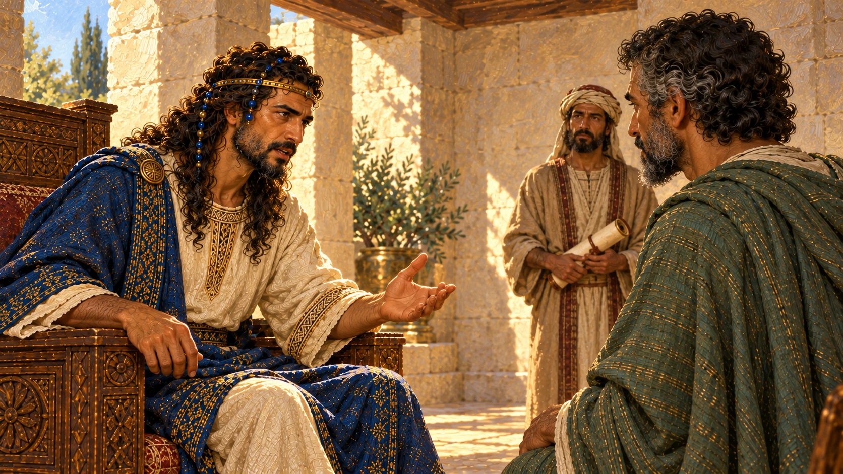 Solomon dictates his message about building the house for Yahweh to a messenger, no visible writing or completed Temple.