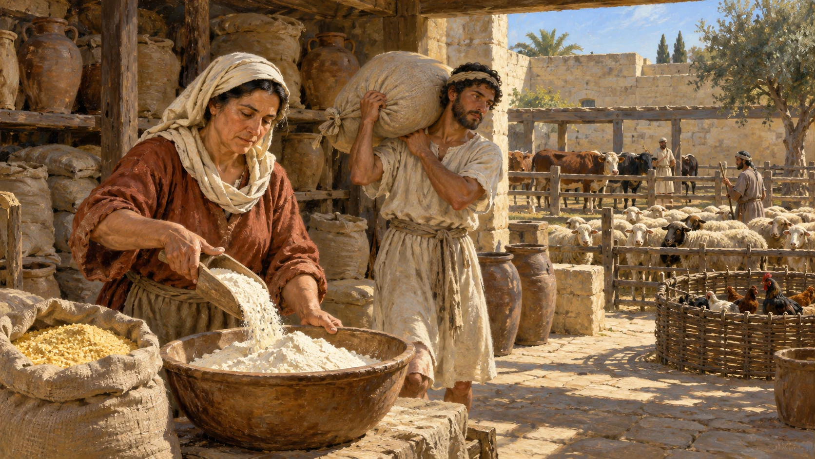 Storekeepers receive flour, meal and livestock for the large royal household. Representative scale, not an assertion that all listed quantities can be visually counted.