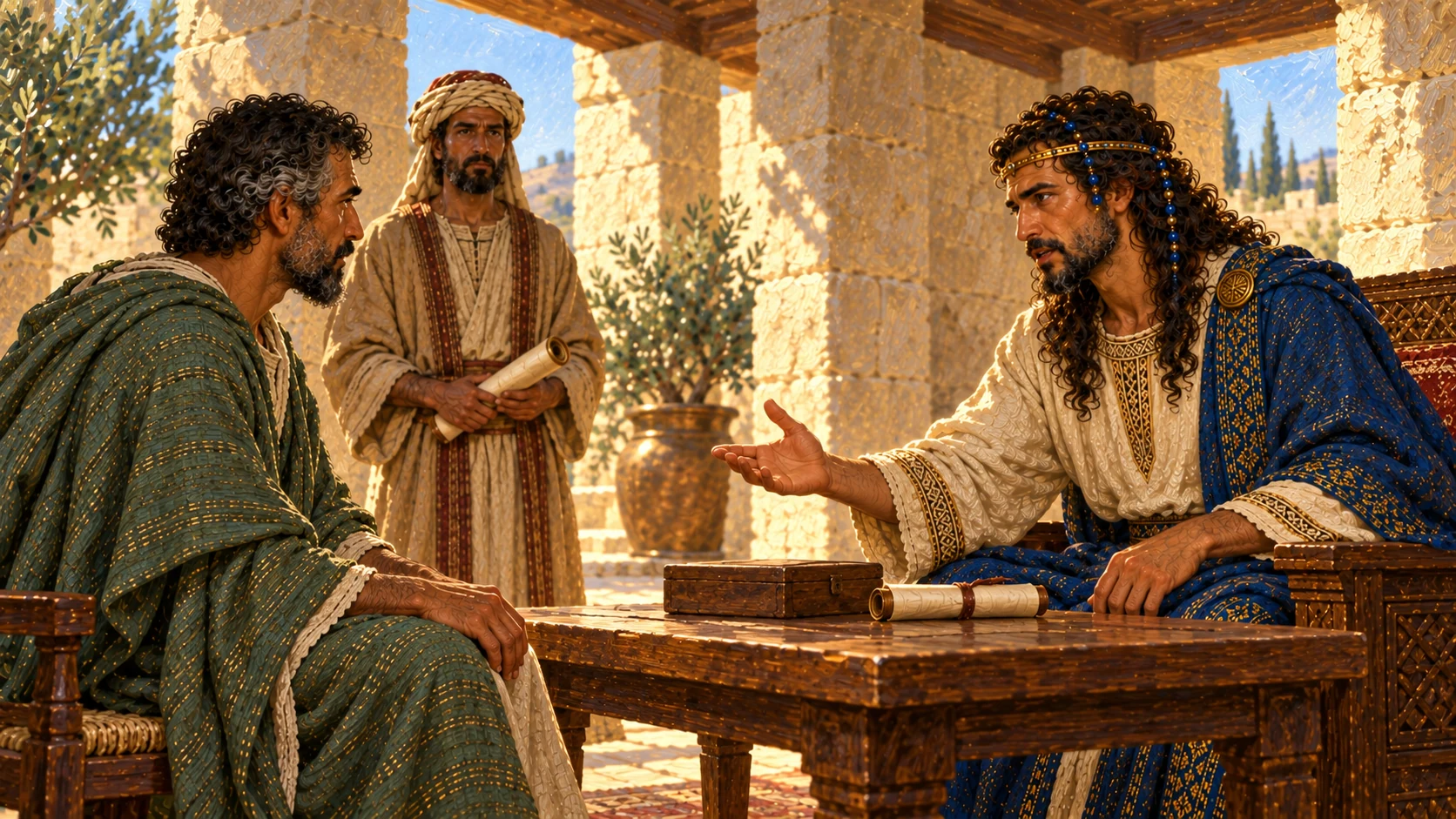 The messenger receives Solomon’s request; a restrained planning scene with cedar samples, not a finished building.