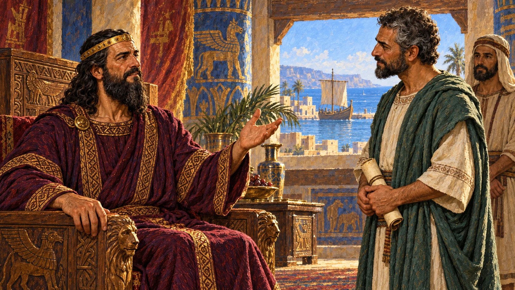Hiram hears the message in Tyre and responds gladly, with an envoy before him; plan timber transport separately from the current conversation.