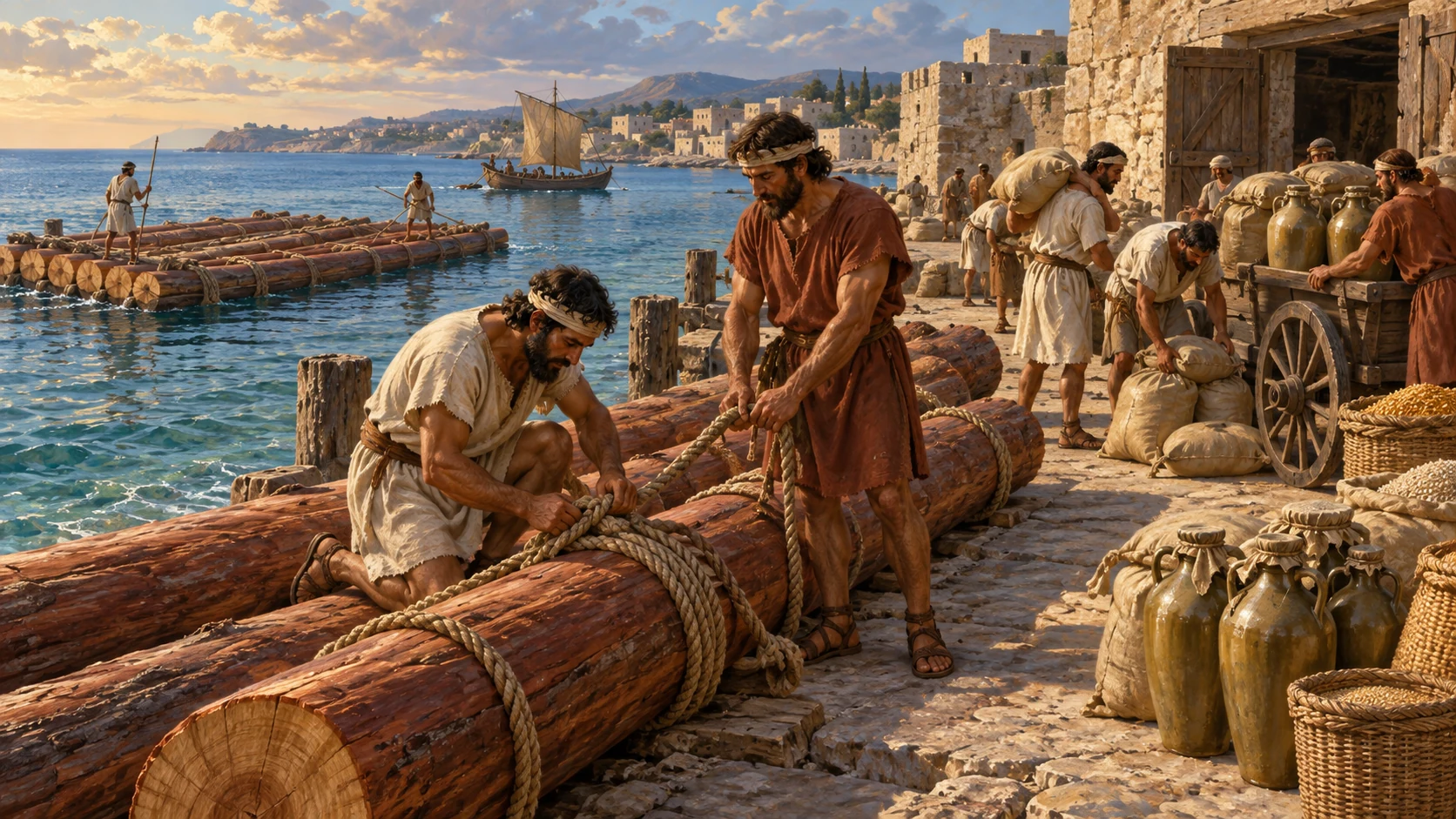 Cedar rafts arrive at a coastal landing while workers unload them. Exchange goods nearby represent the agreed timber/food partnership; no invented in-person treaty signing.