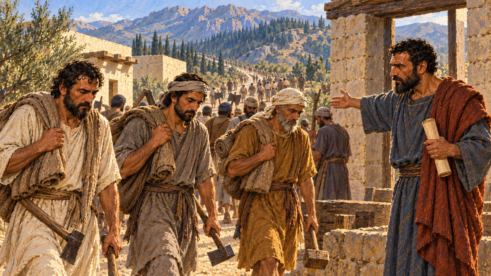 A large group of conscripted Israelite workers assembles under supervisors before a shift in Lebanon; show labor as obligation, not voluntary festivity.