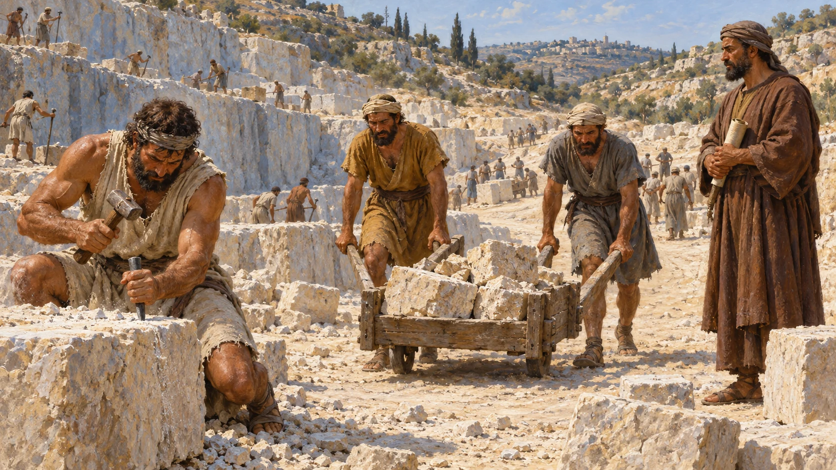 Workers quarry and haul stones under supervisors with ropes and wooden levers, no modern machinery.