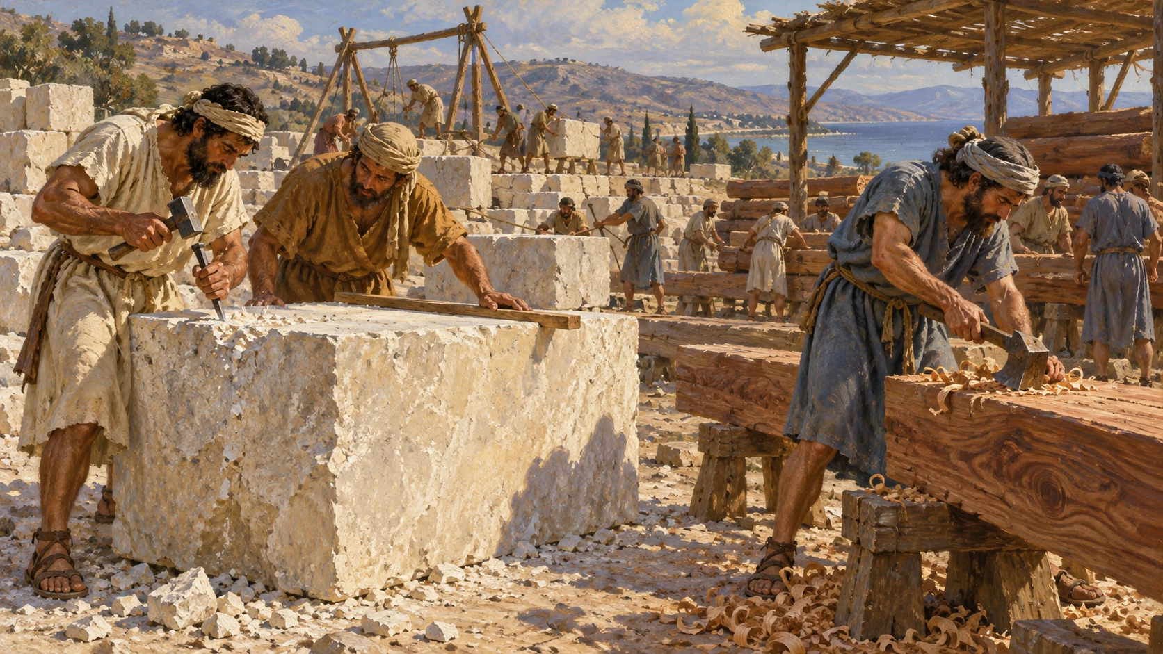 Solomon’s, Hiram’s and Gebal’s workers dress foundation stones and prepare timber at a workshop before transport.