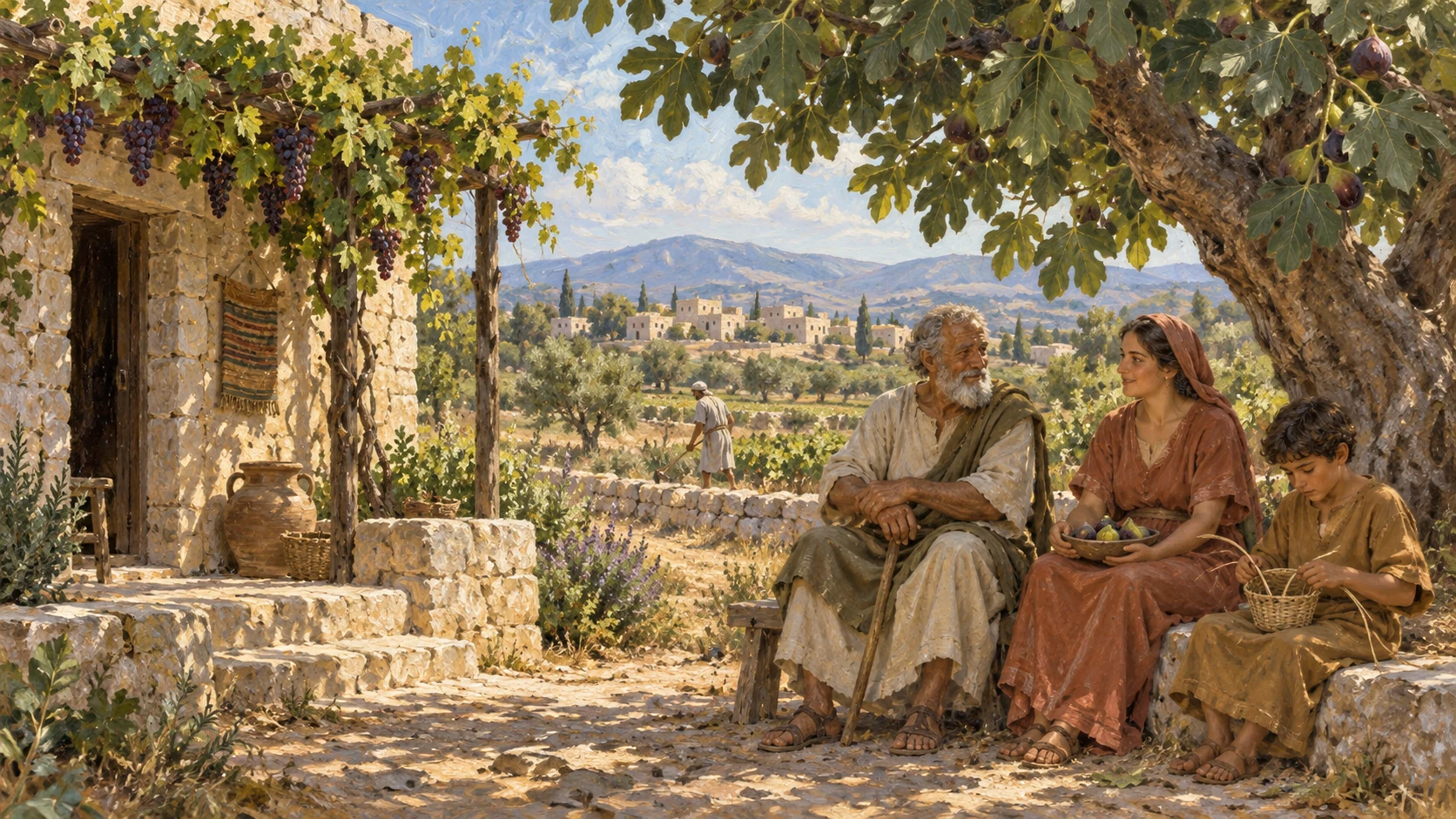 An Israelite household rests safely beneath a vine and fig tree, fields peaceful beyond.