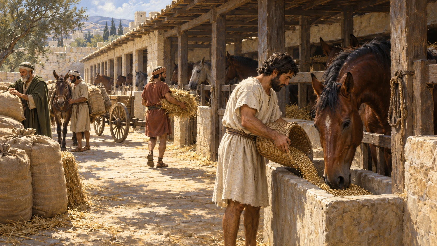 Royal stables with rows of horses and workers delivering barley and straw. Use the exact source quantity in Scripture, no invented labels or literal claim of countable thousands.