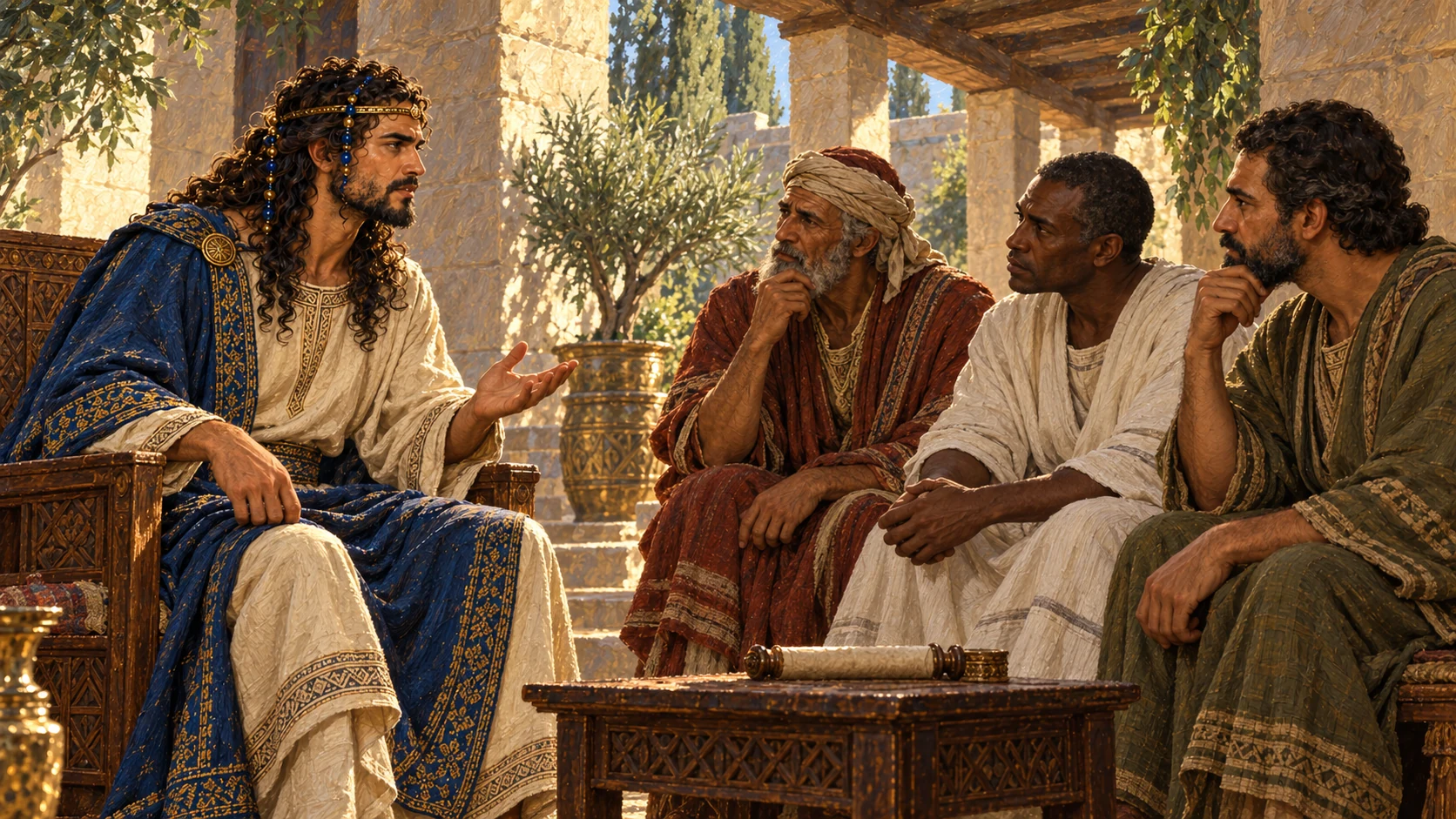 Solomon listens and converses with learned visitors in a shaded court; no magical aura or visible divine figure.