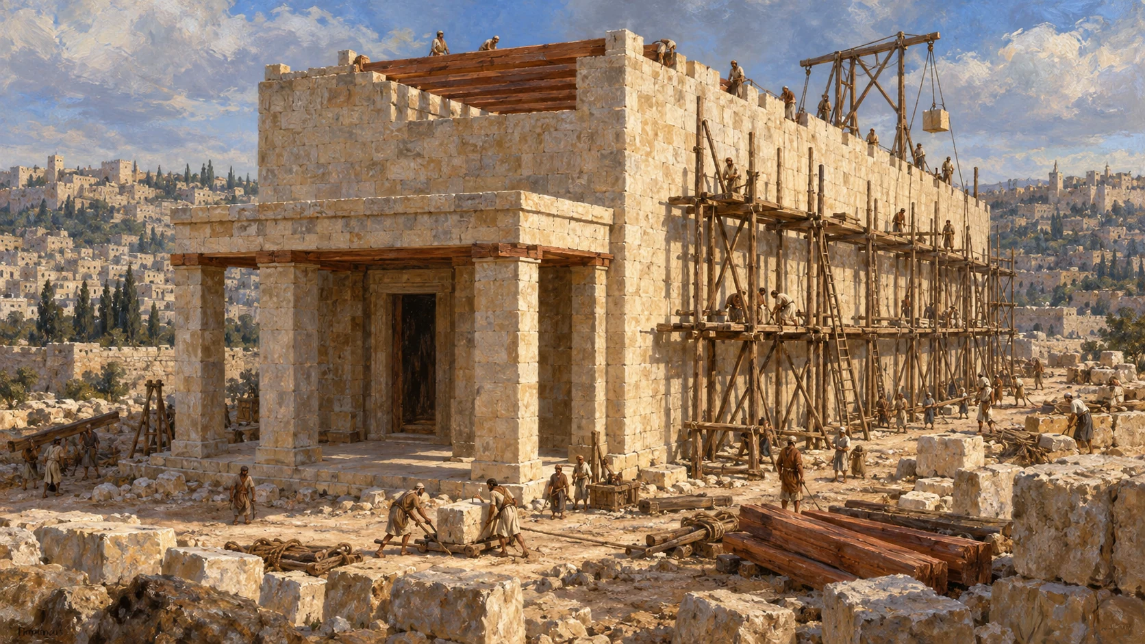 Architectural interpretation of the Temple’s rectangular mass and front portico during construction. Preserve the stated length/width/height ratios; no later Herodian courts or domes.