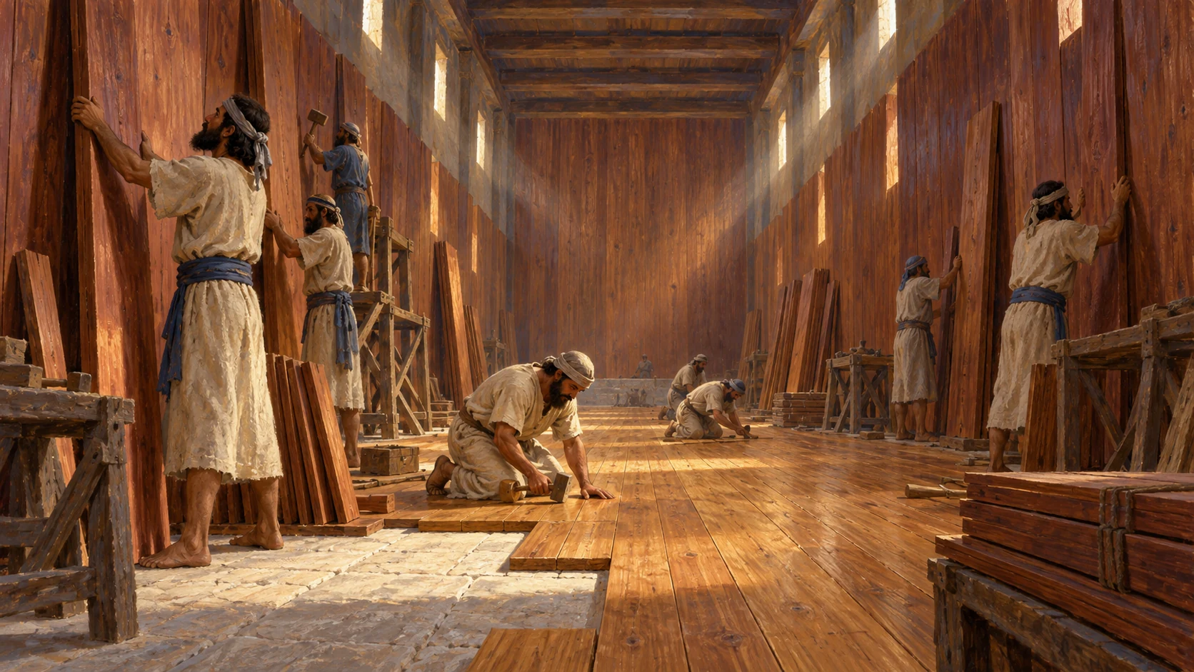 Interior view of workers fitting cedar wall boards and cypress floor boards, stone surfaces being covered.