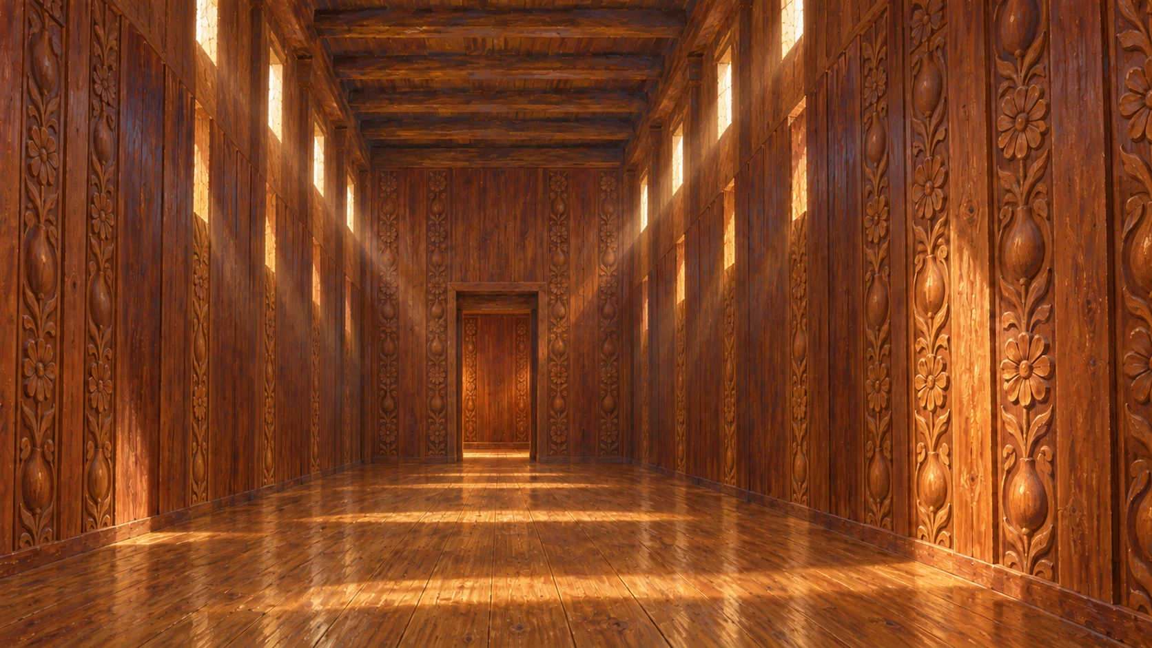 Finished cedar interior with distinct rear sanctuary and nave, carved gourds and open flowers; no exposed stone or late architectural additions.