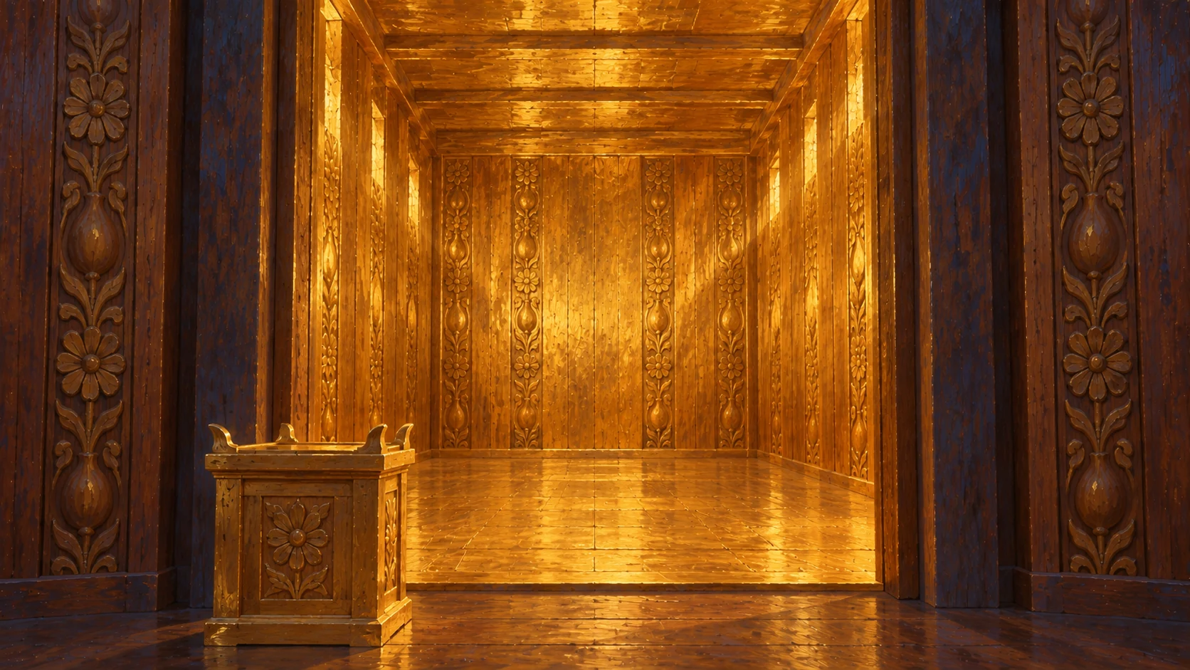Architectural interior of the cubic inner sanctuary prepared for the ark, gold overlay and cedar altar; do not place the ark before its narrative installation.