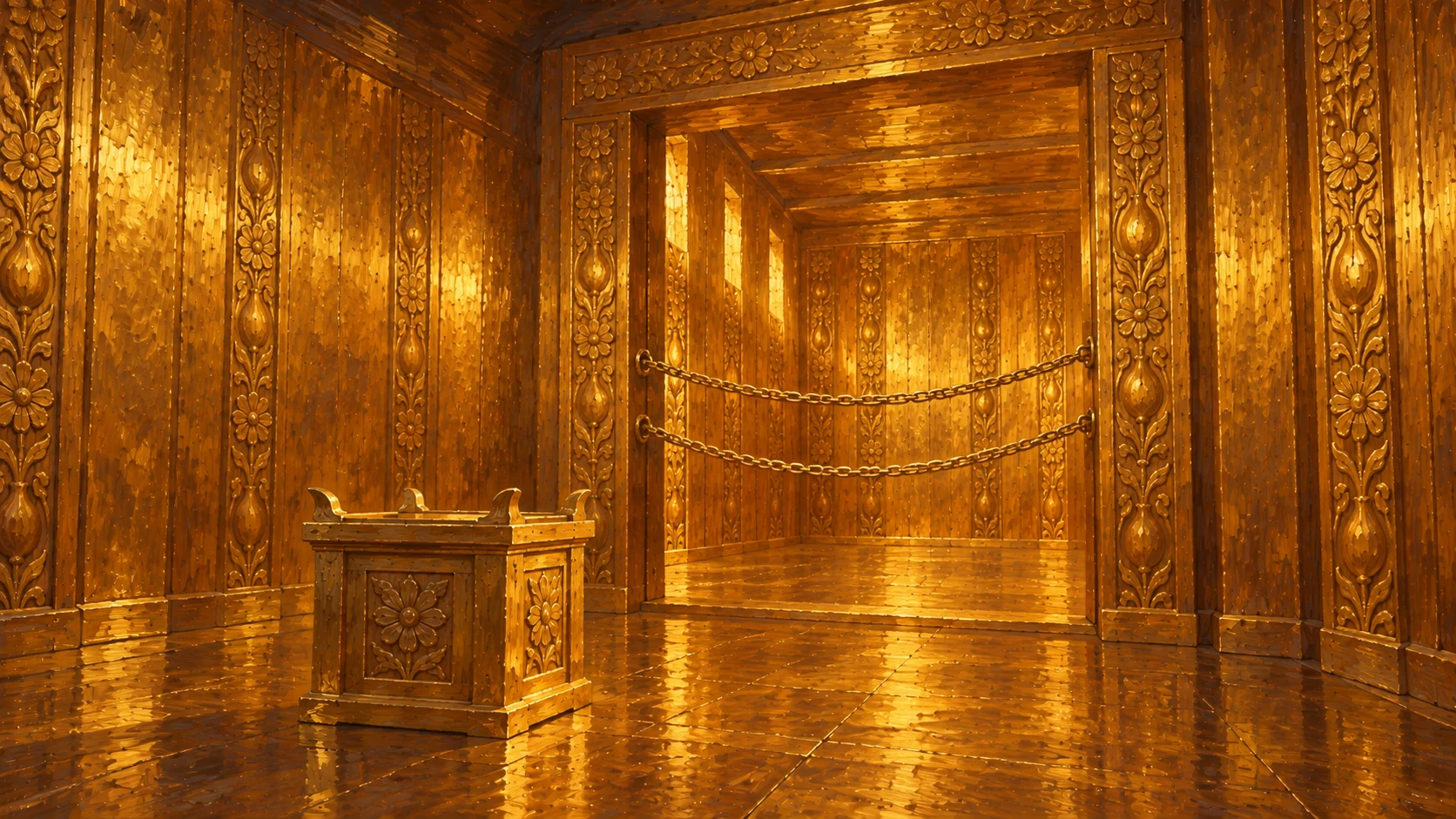 Interior view of gold-covered wood surfaces and gold chains across the sanctuary front, respecting the existing Temple design.