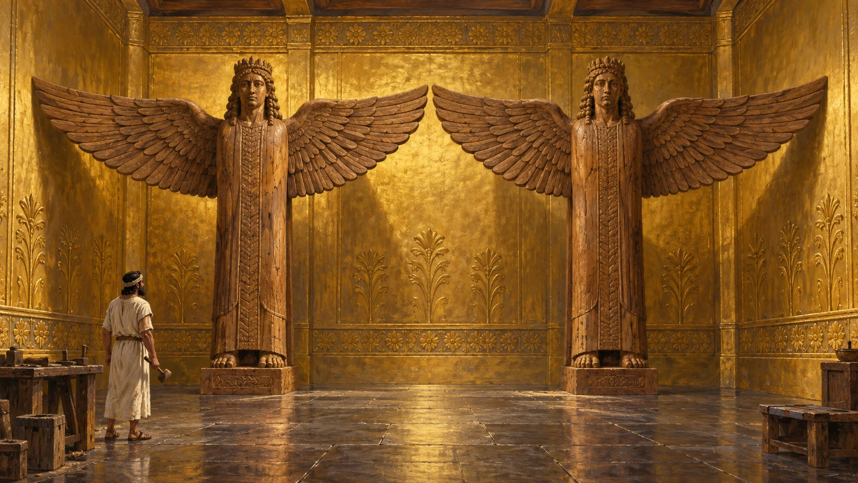 Two matching olivewood cherubim sculptures in the inner sanctuary, each ten cubits high, equal form and wingspan. They are crafted objects, not living creatures.