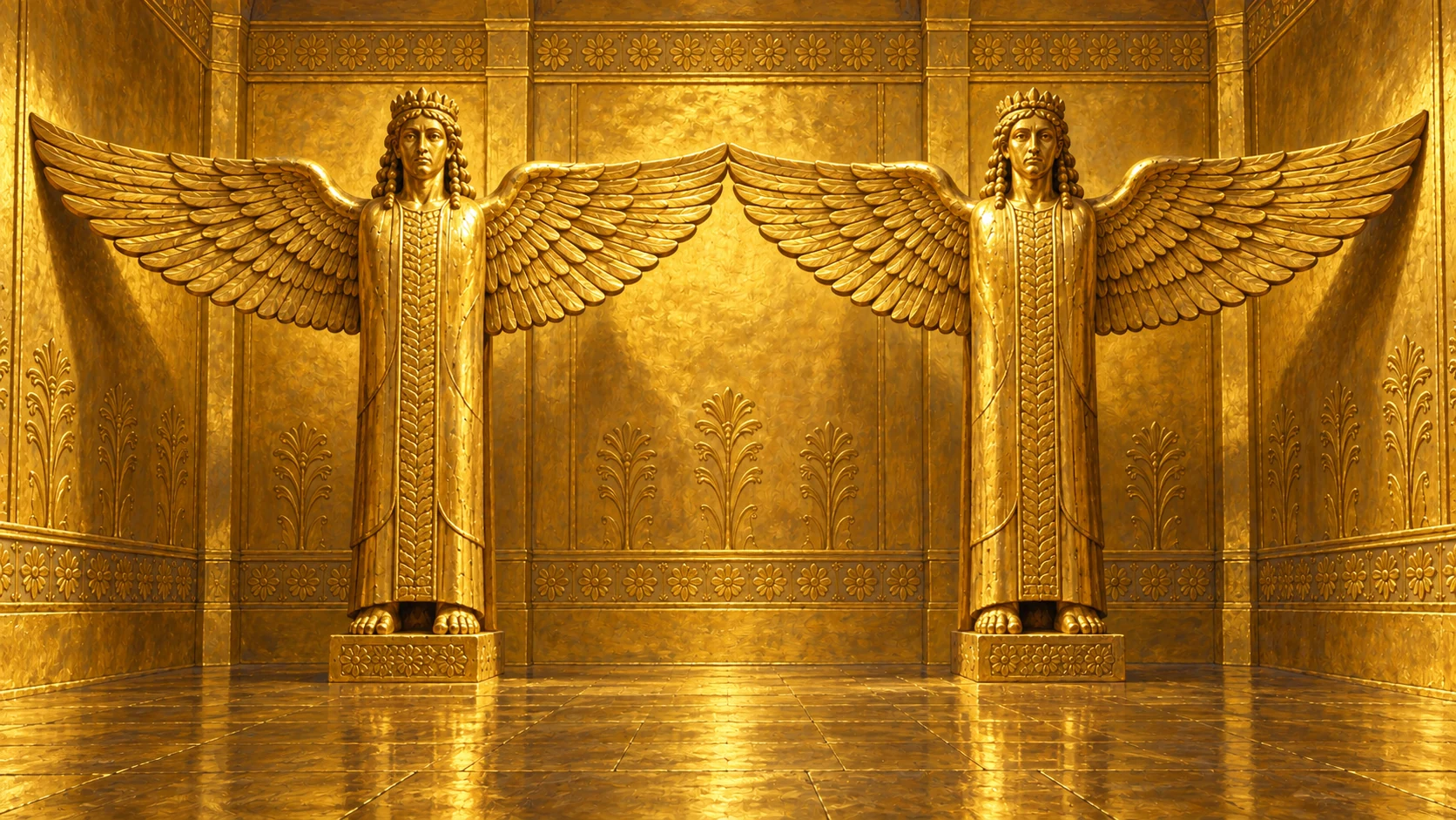 The two gold-covered cherubim stand side by side; outer wings touch opposite walls, inner wings touch each other. Verify exact arrangement visually.