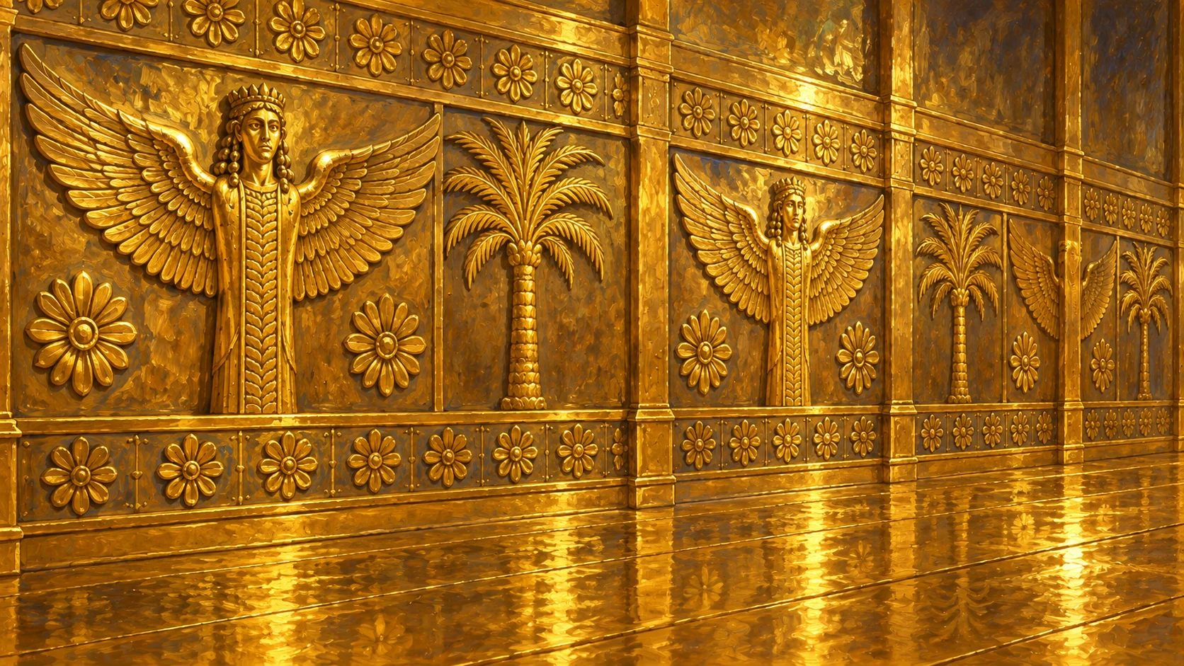 Close architectural composition of carved cherubim, palms and open flowers with gold overlay and golden floor, no writing.