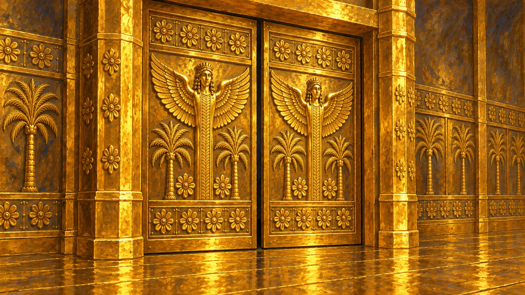 Inner sanctuary olivewood doors with specified carved motifs and gold overlay, visually grounded in prior architecture.