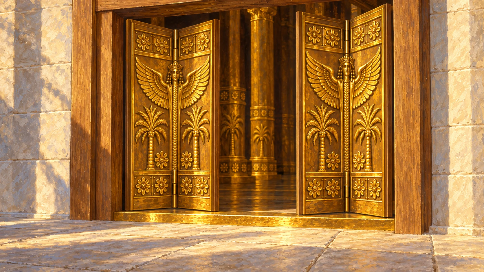 Nave entrance has two cypress doors, each with two folding leaves; carved cherubim, palms and flowers with gold overlay.