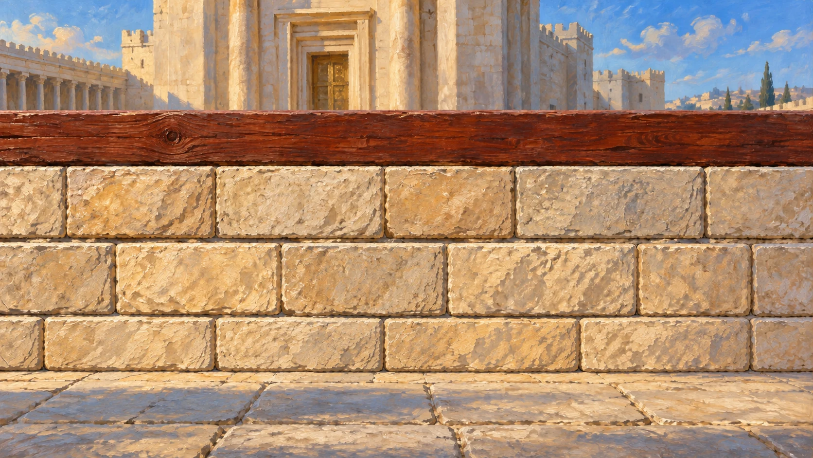 The inner court boundary shows three courses of cut stone and one course of cedar beams; avoid modern masonry.