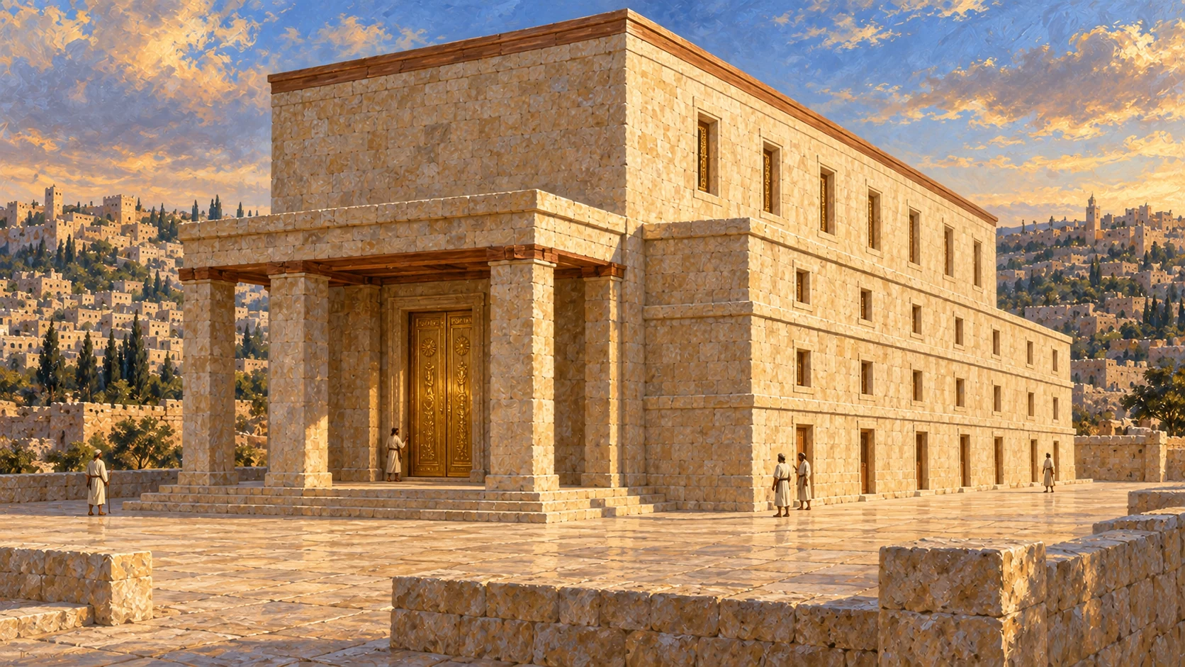 Completed Temple exterior after seven years, consistent with the chapter’s design; no dedication procession or ark installation yet.